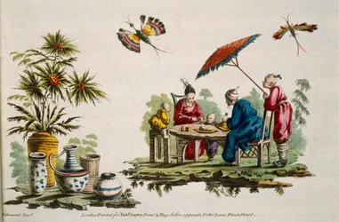 Illustration showing figures wearing Japanese apparel and parasol from For Ladies Amusement..Art of Japanning..Pillement, Jean Baptiste
